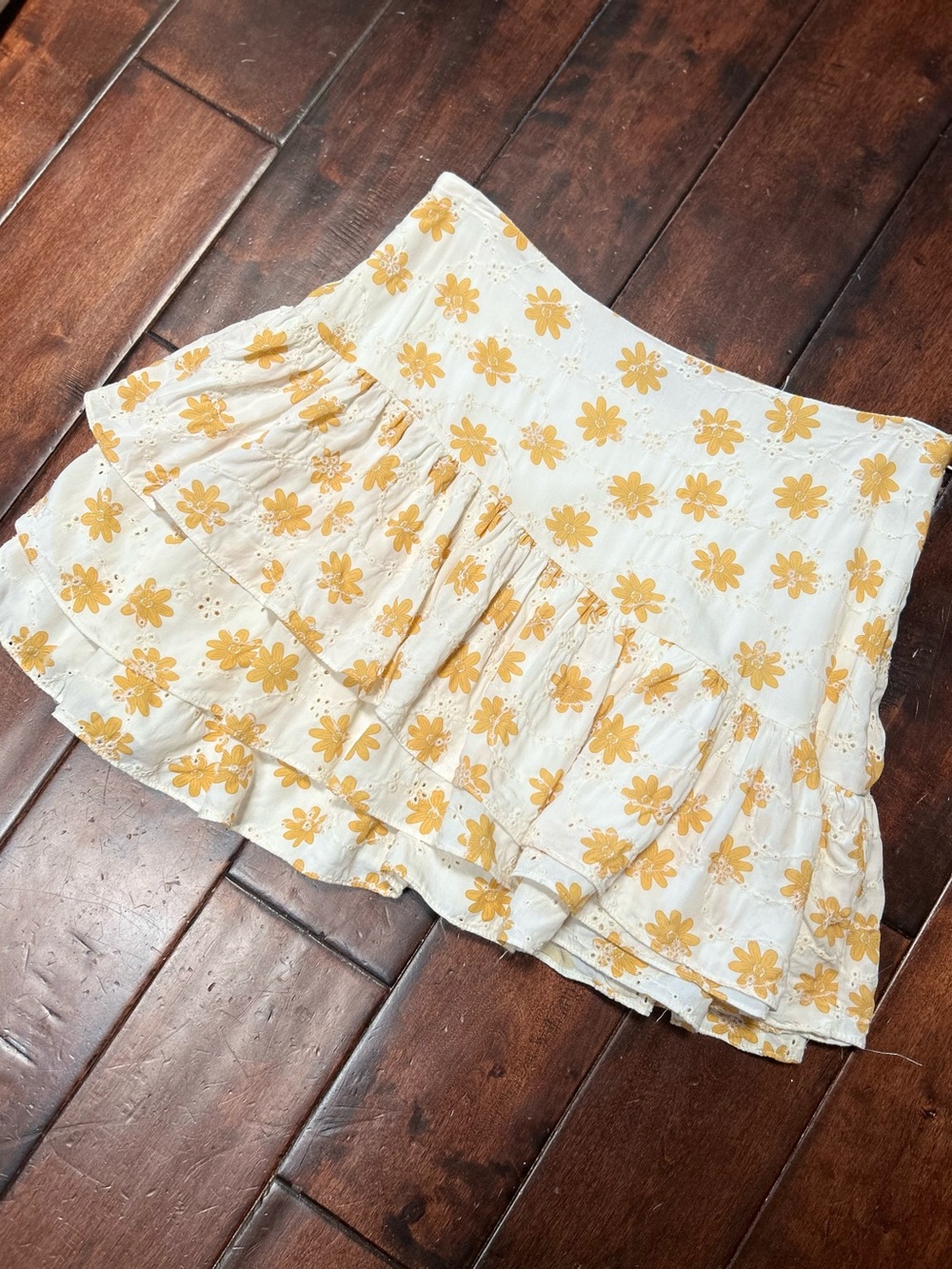 FORE - Cream and Yellow Floral Eyelet Mini Skirt